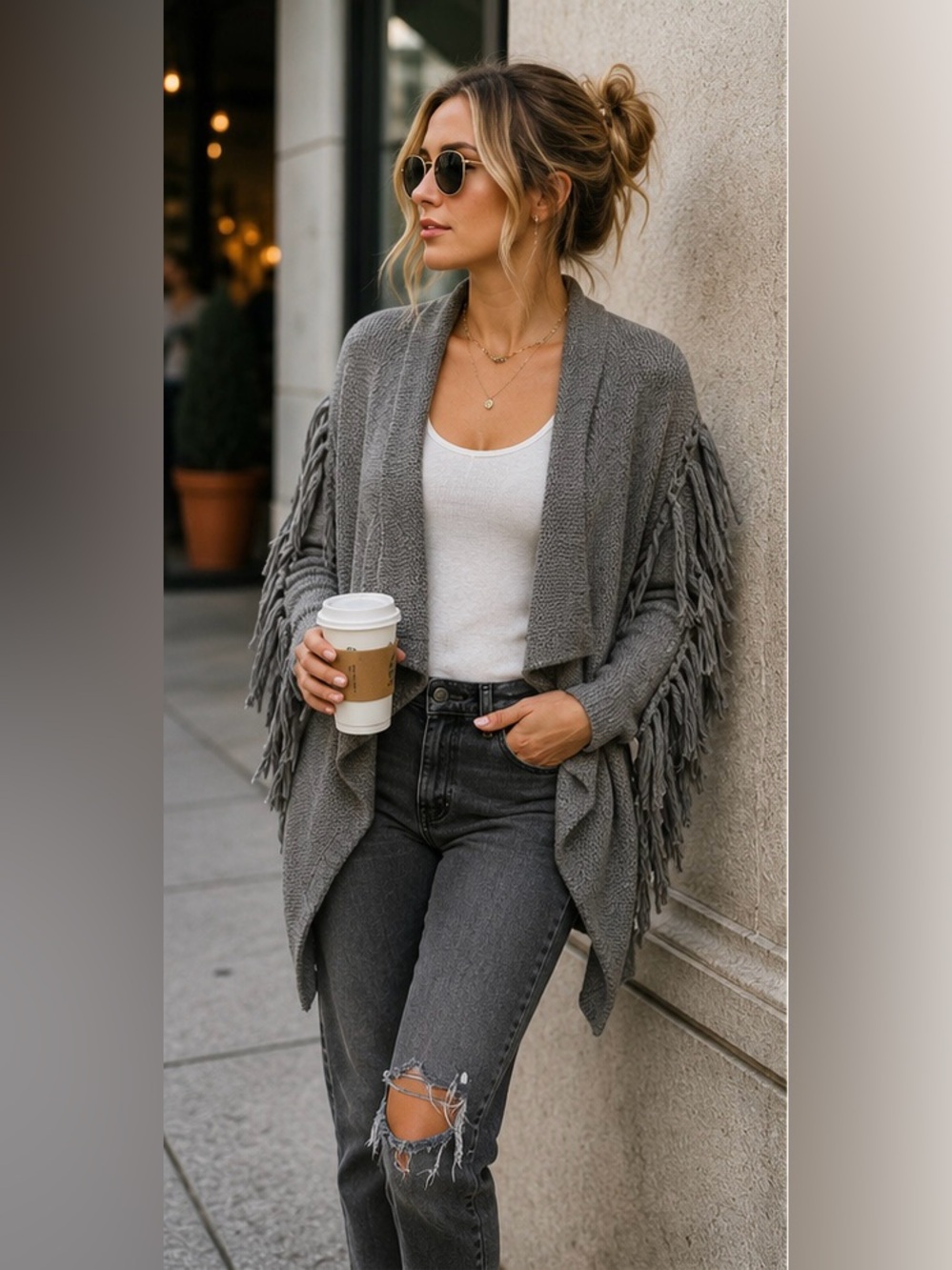 Ramy Brook Jenny Fringe Cardigan Gray Merino Wool Waterfall Open Front Sweater